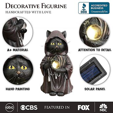 Ominous Black Cat Wizard Figurine, 7" Solar Light Gothic Yard Statue Decor