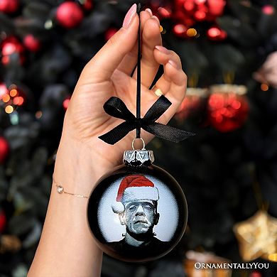 Frankenstein Christmas Spooky Portrait Glass Ornament, Black Horror Halloween Tree Decoration