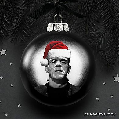 Frankenstein Christmas Spooky Portrait Glass Ornament, Black Horror Halloween Tree Decoration