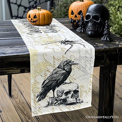 Elegant 72" Gothic Jacquard Table Runner, Halloween Tablecloth with Spider Webs and Black Ravens