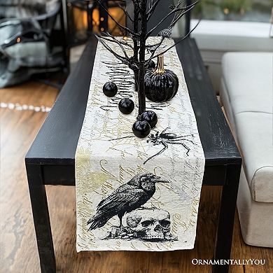 Elegant 72" Gothic Jacquard Table Runner, Halloween Tablecloth with Spider Webs and Black Ravens
