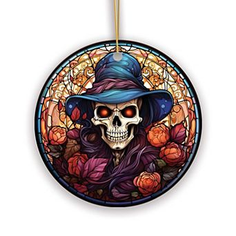 Elegant Skull with Blue Hat Stained Glass Style Ceramic Ornament, Halloween Themed Christmas Gift