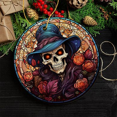 Elegant Skull with Blue Hat Stained Glass Style Ceramic Ornament, Halloween Themed Christmas Gift