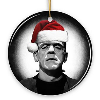 Retro Frankenstein with Santa Hat Ceramic Ornament, Creepy Holiday Gift And Decor