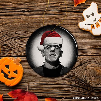 Retro Frankenstein with Santa Hat Ceramic Ornament, Creepy Holiday Gift And Decor