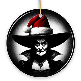 Spooky Witch with Santa Hat Ceramic Ornament, Halloween Themed Christmas Gift and Decor