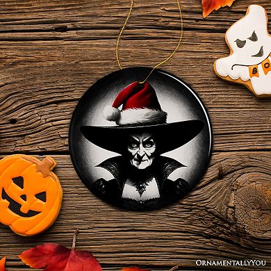 Spooky Witch with Santa Hat Ceramic Ornament, Halloween Themed Christmas Gift and Decor