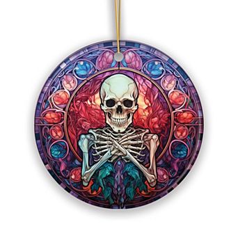 Ghastly Grins Haunted Skeleton Stained Glass Style Ornament, Halloween Themed Christmas Gift
