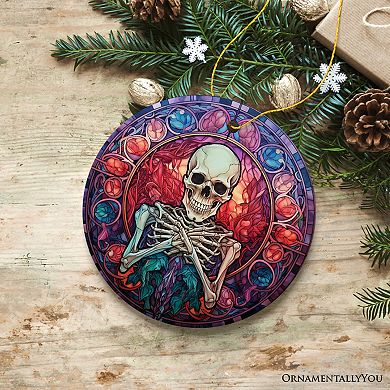 Ghastly Grins Haunted Skeleton Stained Glass Style Ornament, Halloween Themed Christmas Gift