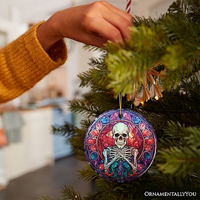 Ghastly Grins Haunted Skeleton Stained Glass Style Ornament, Halloween Themed Christmas Gift