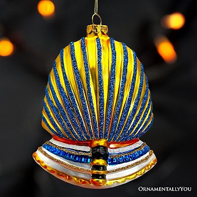 Evil Egyptian Pharoah Half Skull Head Glass Ornament, Gothic Halloween Tree Decor