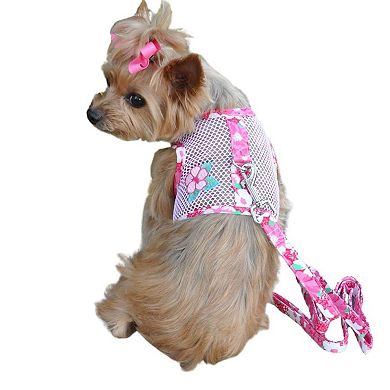 Doggie Design Cool Mesh Hawaiian Hibiscus Dog Harness With Leash