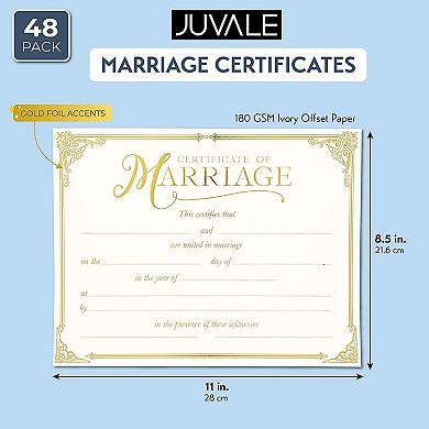 48 Pack Marriage Certificates With Gold Foil Edges, Wedding Ceremony,11 X 8.5 In