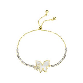 Brilliance 14k Gold Flash Plated Cubic Zirconia & Mother-of-Pearl Butterfly Tennis Bolo Bracelet