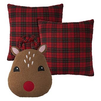 Mina Victory Holiday Plaid Reindeer Indoor 3 pc Throw Pillows Set