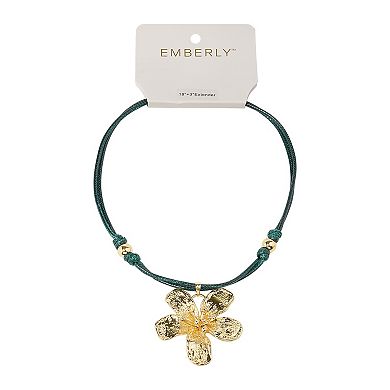 Emberly Gold Tone Green Cord Flower Pendant Necklace