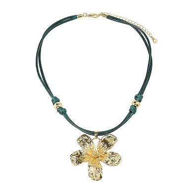 Emberly Gold Tone Green Cord Flower Pendant Necklace
