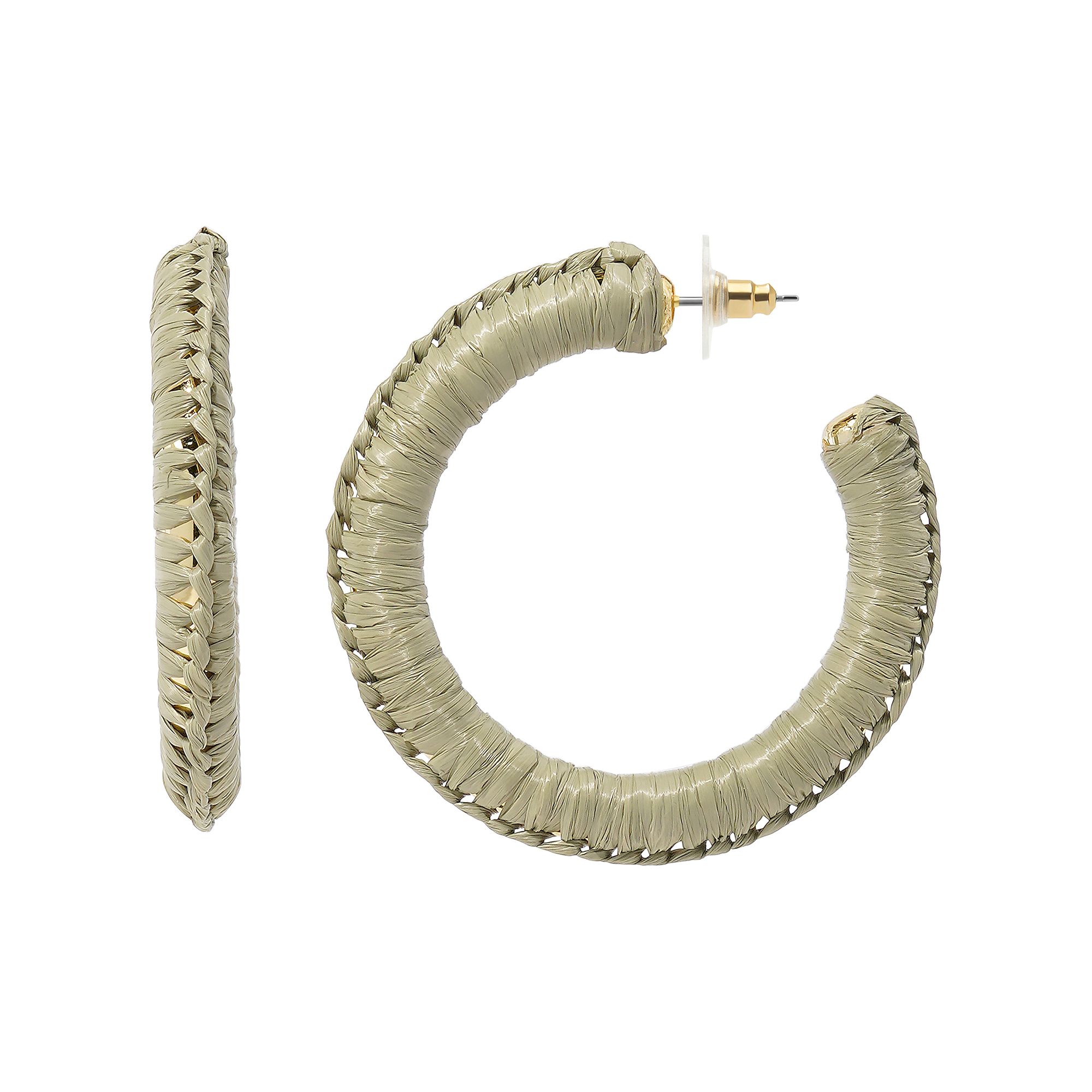 Emberly Gold Tone Green Raffia J Hoop Earrings, Womens
