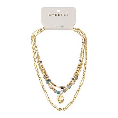 Emberly Gold Tone Multi Beads Hammered Pendant Multi Row Necklace