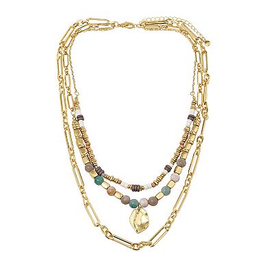 Emberly Gold Tone Multi Beads Hammered Pendant Multi Row Necklace