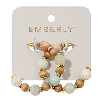 Emberly Gold Tone Wood & Blue Beaded J Hoop Earrings