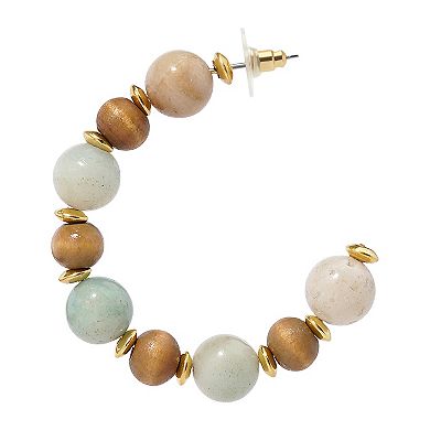 Emberly Gold Tone Wood & Blue Beaded J Hoop Earrings