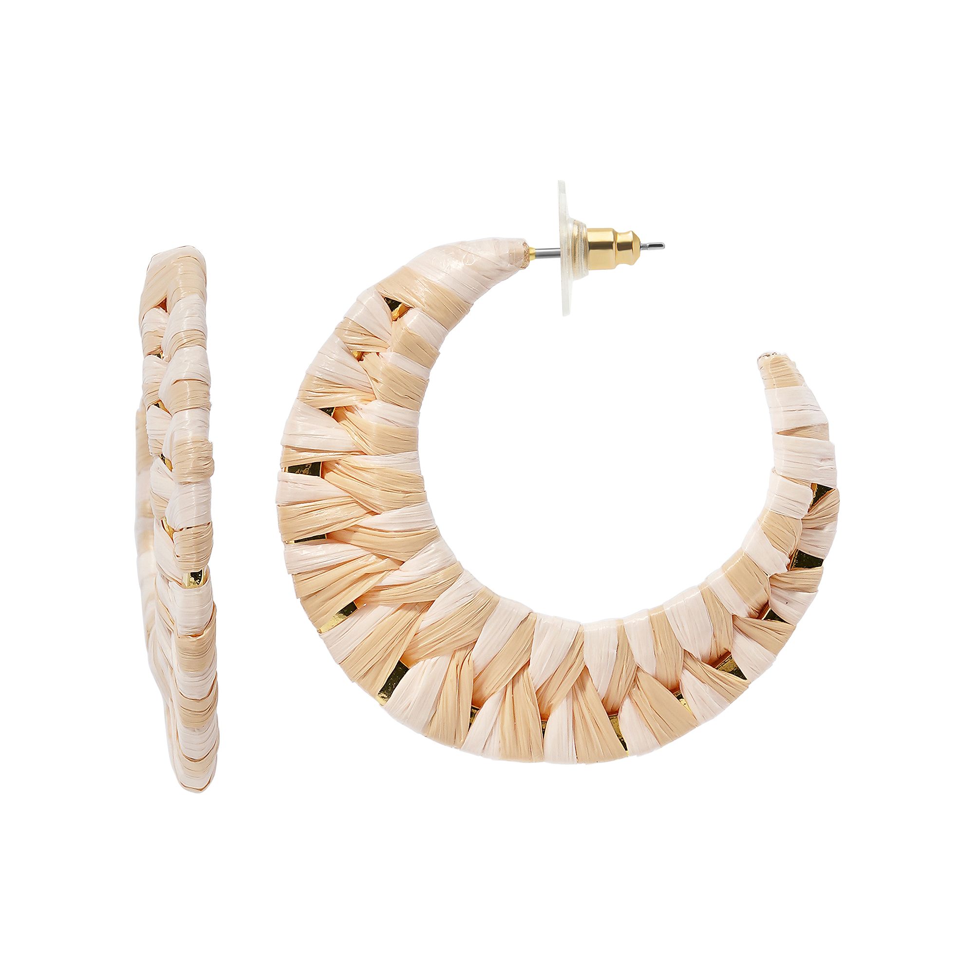 Emberly Gold Tone White Tone Raffia Wrapped J Hoop Earrings, Womens