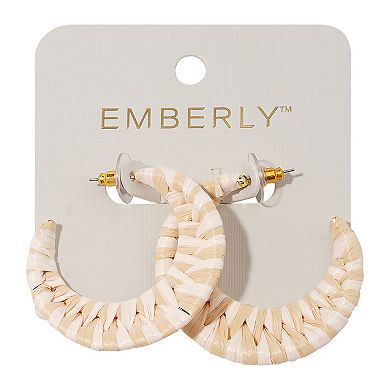 Emberly Gold Tone White Tone Raffia Wrapped J Hoop Earrings