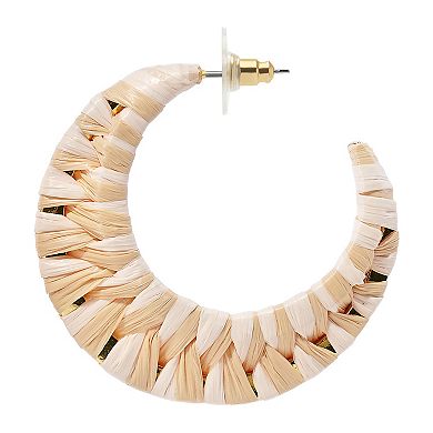 Emberly Gold Tone White Tone Raffia Wrapped J Hoop Earrings