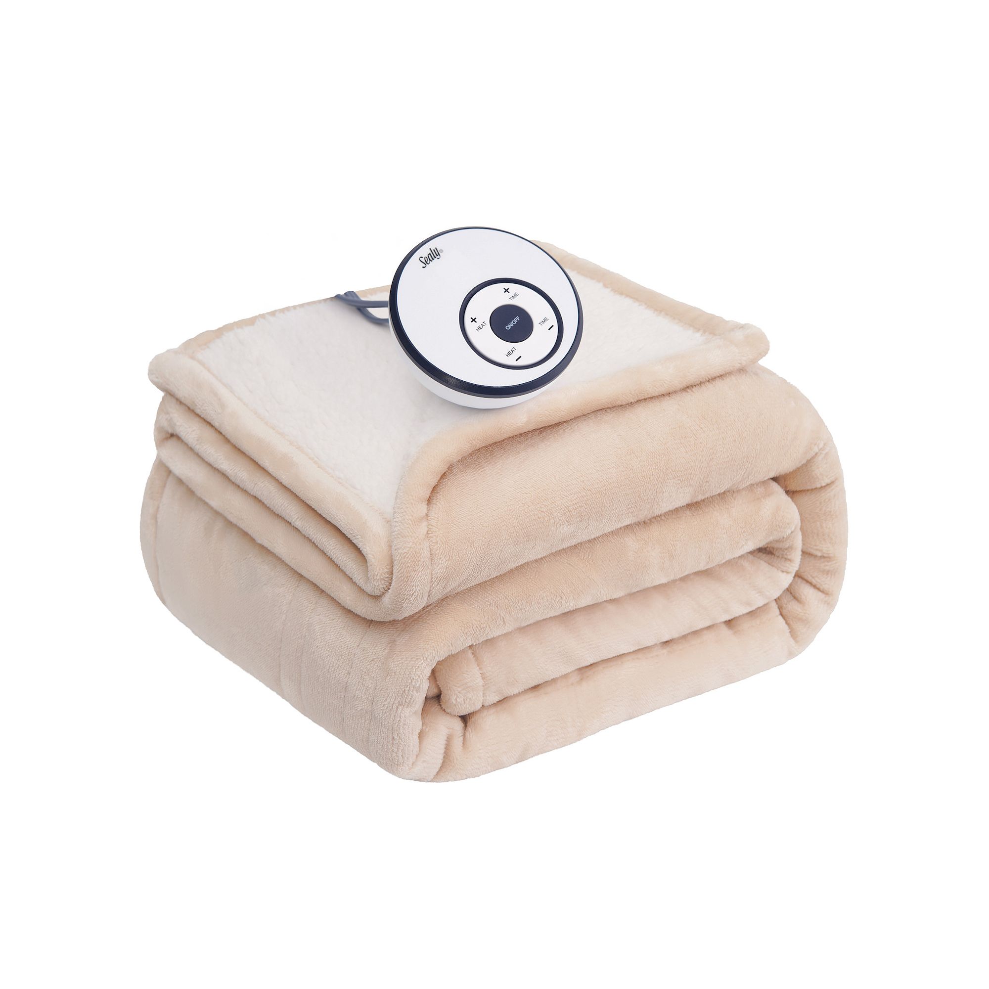 Sealy Heated Flannel Sherpa Throw Blanket, Beige Khaki