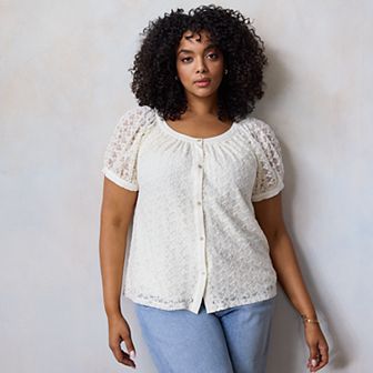 Plus Size LC Lauren Conrad Puff Sleeve Lace Blouse