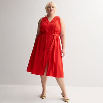 Plus Size Nine West Pintuck Sleeveless Midi Dress