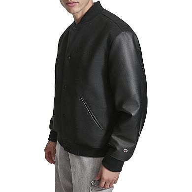 Men's Champion Varsity Bomber Jacket with Faux Leather Sleeves