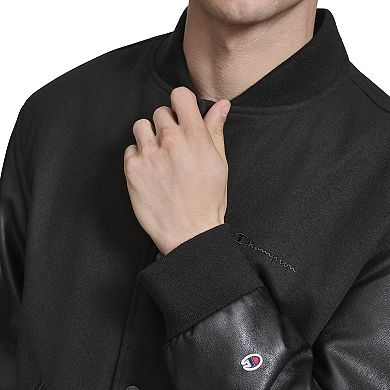 Men's Champion Varsity Bomber Jacket with Faux Leather Sleeves