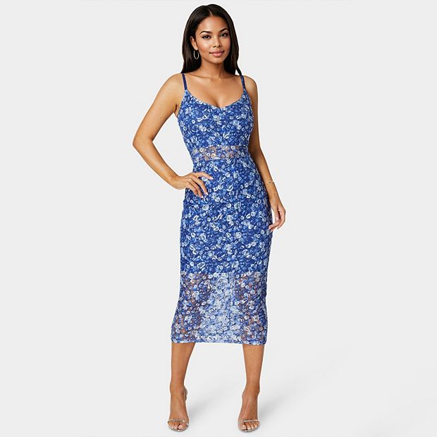 knee length dresses for ladies Blue Embellished Illusion Long Sleeve Midi Dress