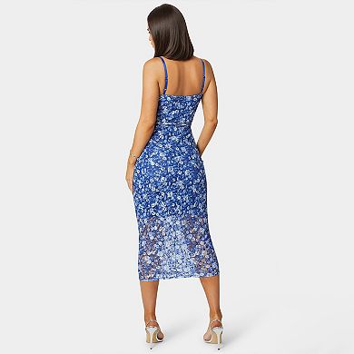 Women's bebe Printed Lace V-Neck Illusion Midi Dress