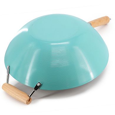14 Inch Nonstick Carbon Steel Wok with Wooden Handle in Teal