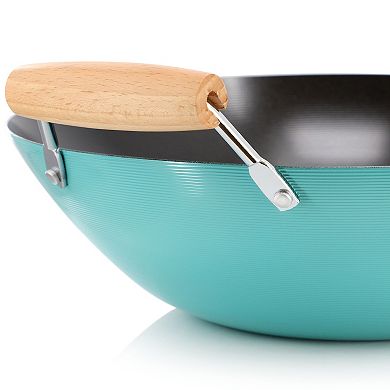 14 Inch Nonstick Carbon Steel Wok with Wooden Handle in Teal