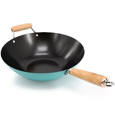 14 Inch Nonstick Carbon Steel Wok with Wooden Handle in Teal