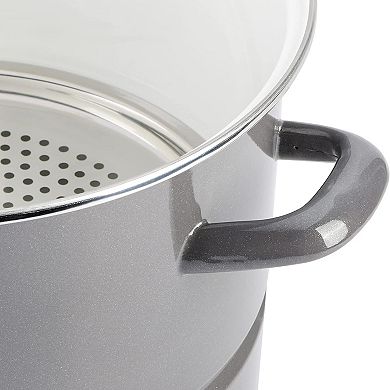 16 Quart Enamel On Steel Stock Pot With Steamer and Lid in Graphite Grey