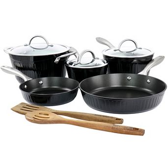 Logan 10 pc Aluminum Nonstick Cookware Set in Black with Wood Utensils