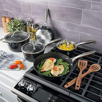 Logan 10 Piece Aluminum Nonstick Cookware Set in Black with Wood Utensils