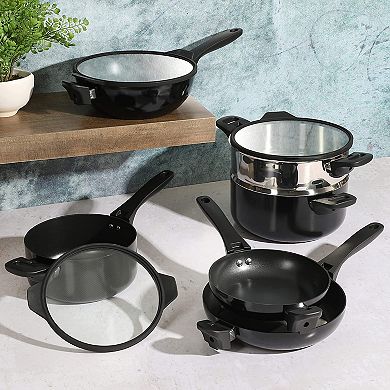 Grayson 9 Piece Nonstick Aluminum Stackable Cookware Set in Black
