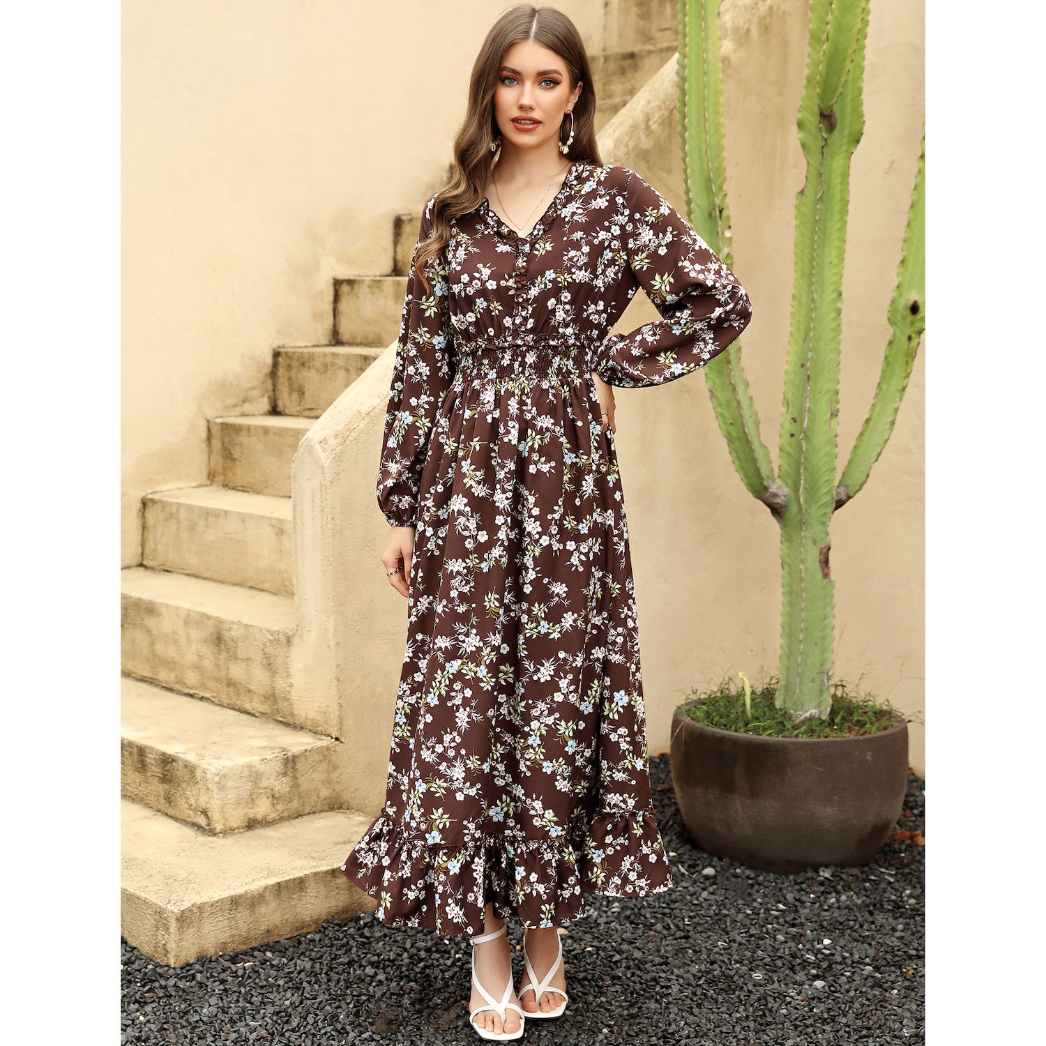 Casual V Neck Boho Floral Print Wedding Guest Maxi Dresses For Women  Bohemian Flowy Maxi Dress