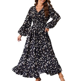 Casual V Neck Boho Floral Print Wedding Guest Maxi Dresses For Women Bohemian Flowy Maxi Dress