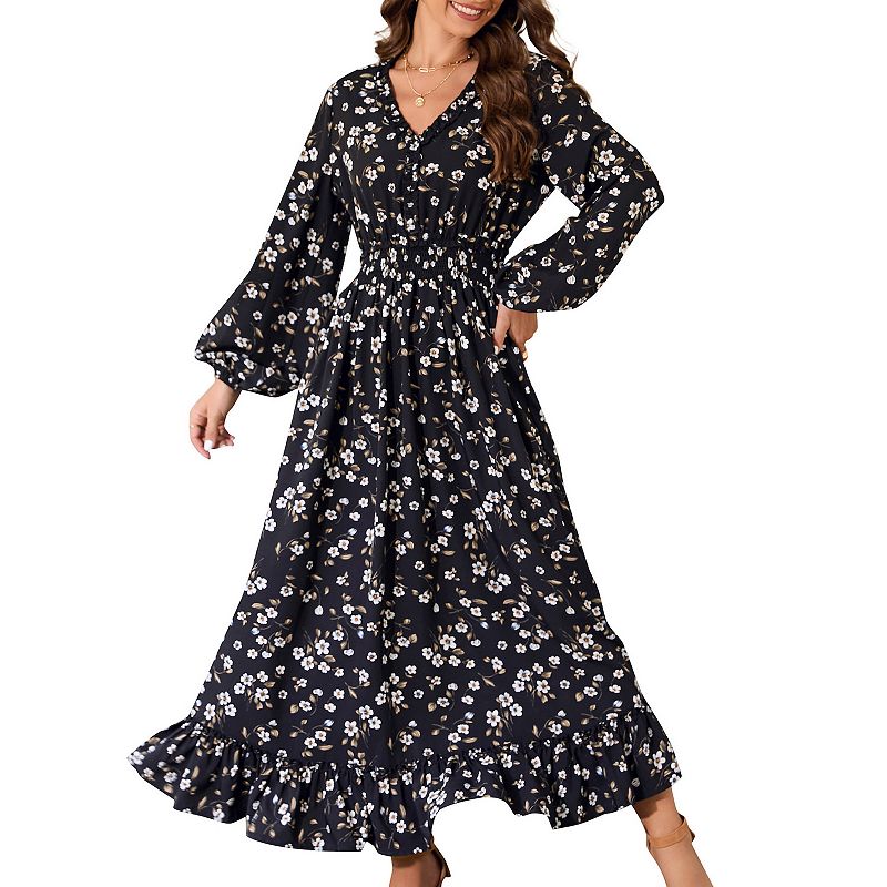 boho floral wedding guest dress Casual V Neck Print Maxi Dresses For Women Bohemian Flowy Maxi 2 Burgundy Fashion Photos industrial Color:Natural Wood day comfort and stylish