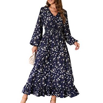 Casual V Neck Boho Floral Print Wedding Guest Maxi Dresses For Women Bohemian Flowy Maxi Dress