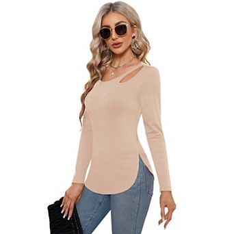 Women’s Long Sleeve Cutout Asymmetrical Neck Tshirt Slim Fit Tunic Blouse