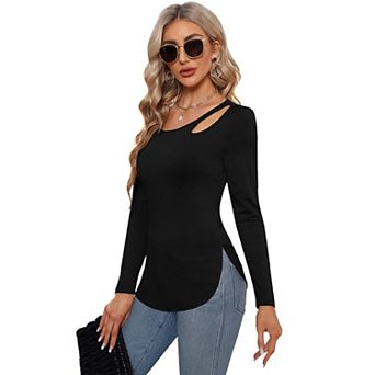 Women’s Long Sleeve Cutout Asymmetrical Neck Tshirt Slim Fit Tunic Blouse