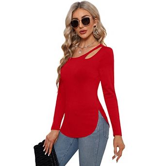 Women’s Long Sleeve Cutout Asymmetrical Neck Tshirt Slim Fit Tunic Blouse
